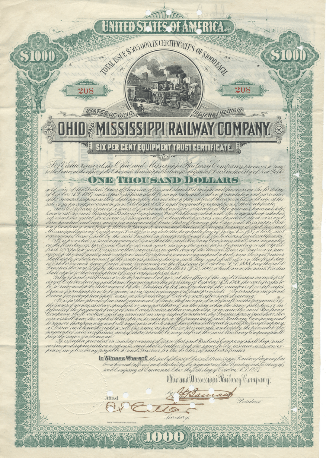 Ohio and Mississippi Railway Company Bond Certificate