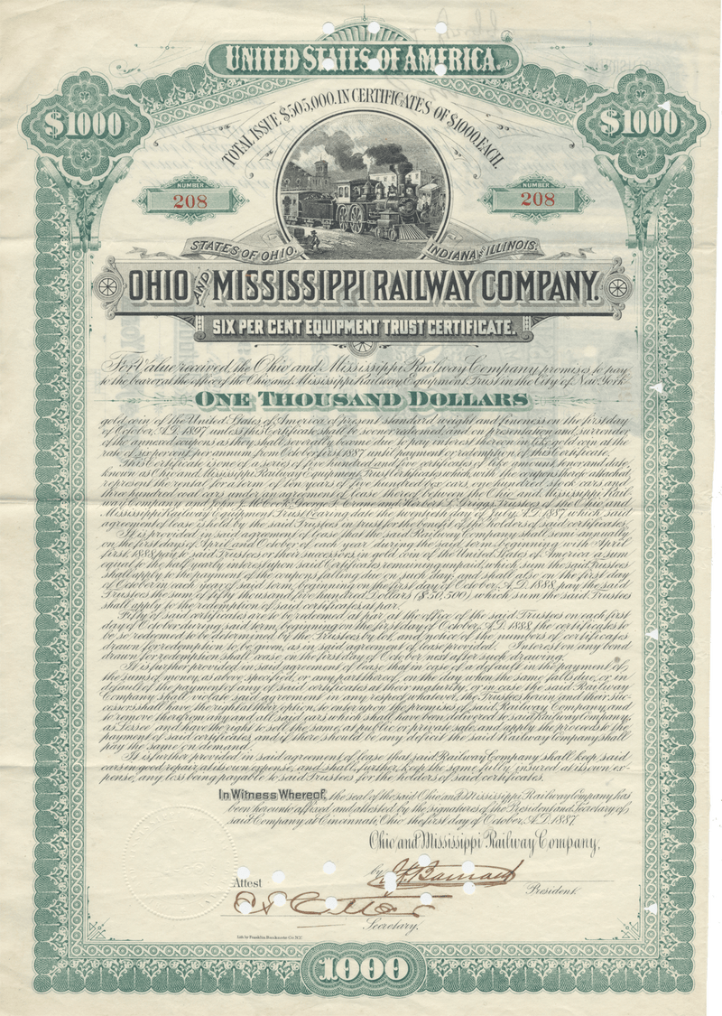 Ohio and Mississippi Railway Company Bond Certificate