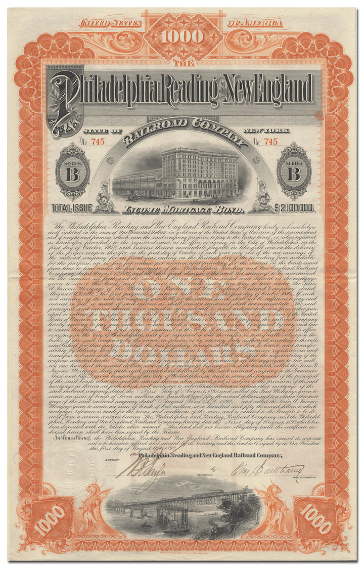 Philadelphia, Reading and New England Railroad Company Bond Certificate