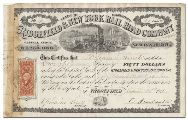 Ridgefield & New York Rail Road Company Stock Certificate