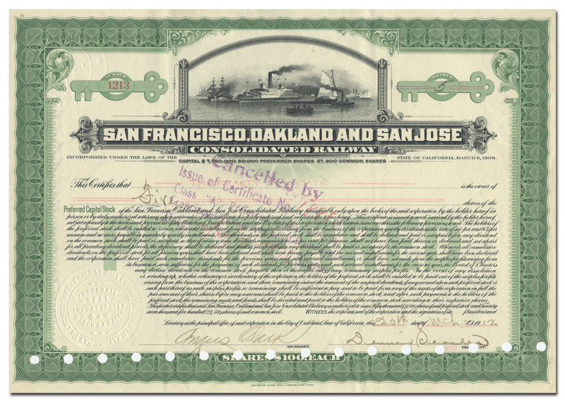 San Francisco, Oakland and San Jose Consolidated Railway Company Stock Certificate Signed by Dennis Searles