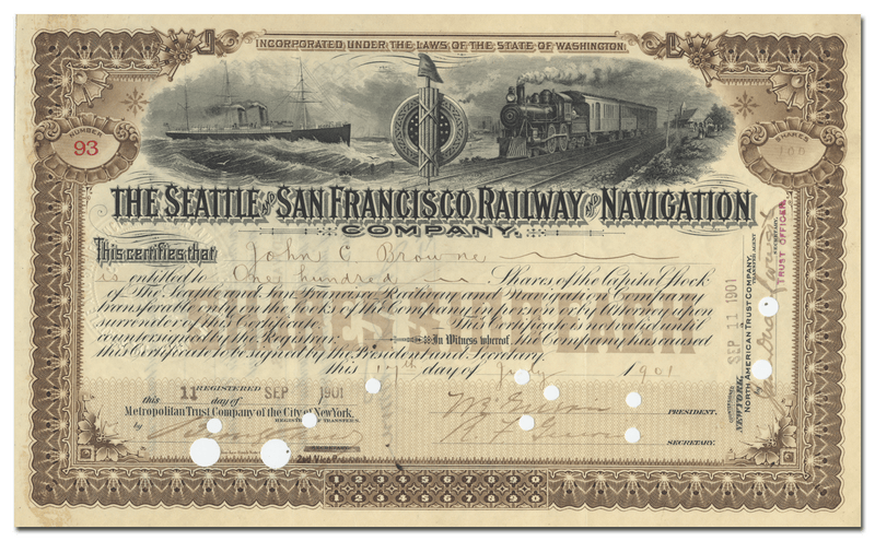 Seattle and San Francisco Railway and Navigation Company Stock Certificate