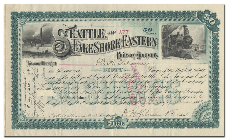 Seattle, Lake Shore and Eastern Railway Company Stock Certificate