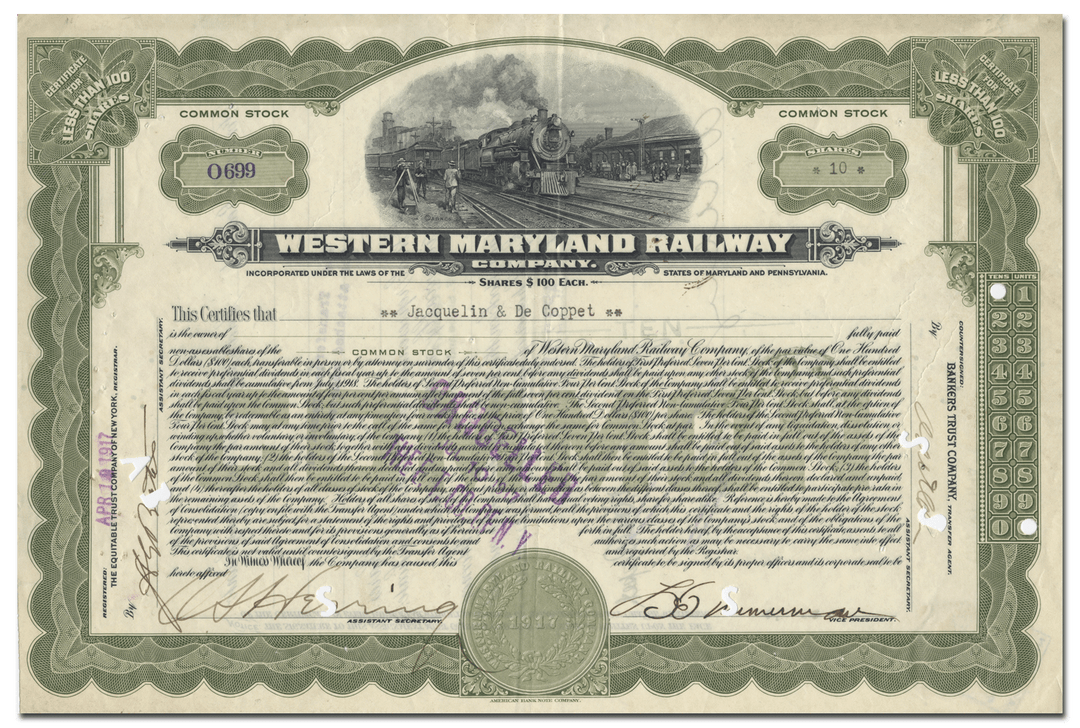 Western Maryland Railway Company Stock Certificate