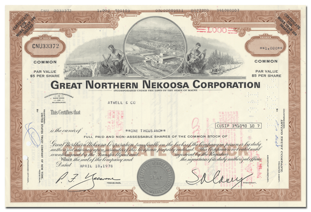 Great Northern Nekoosa Corporation Stock Certificate