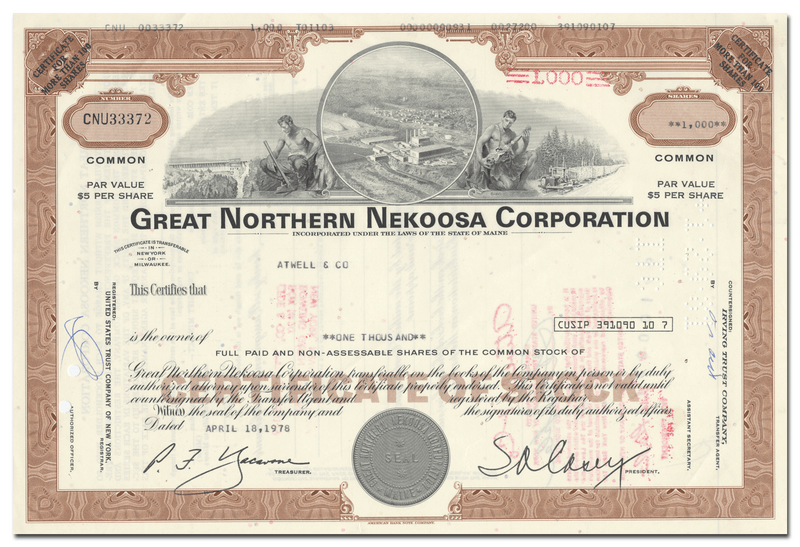 Great Northern Nekoosa Corporation Stock Certificate