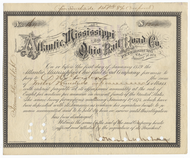 Atlantic, Mississippi and Ohio Rail Road Company Bond Certificate Signed by William Mahone