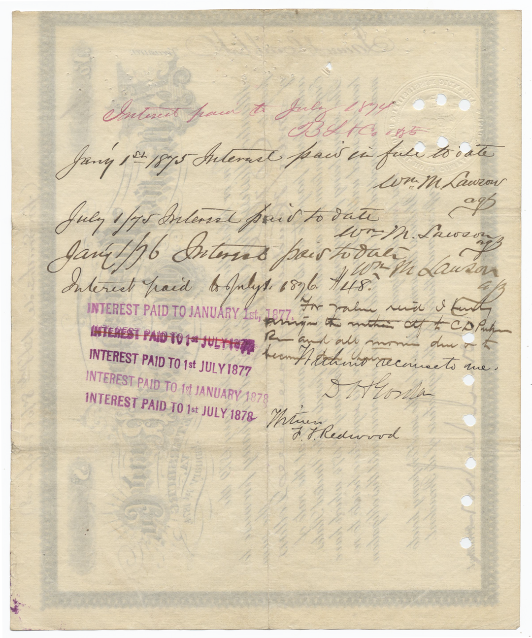 Atlantic, Mississippi and Ohio Rail Road Company Bond Certificate Signed by William Mahone