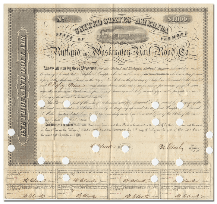 Rutland and Washington Railroad Company Bond Certificate