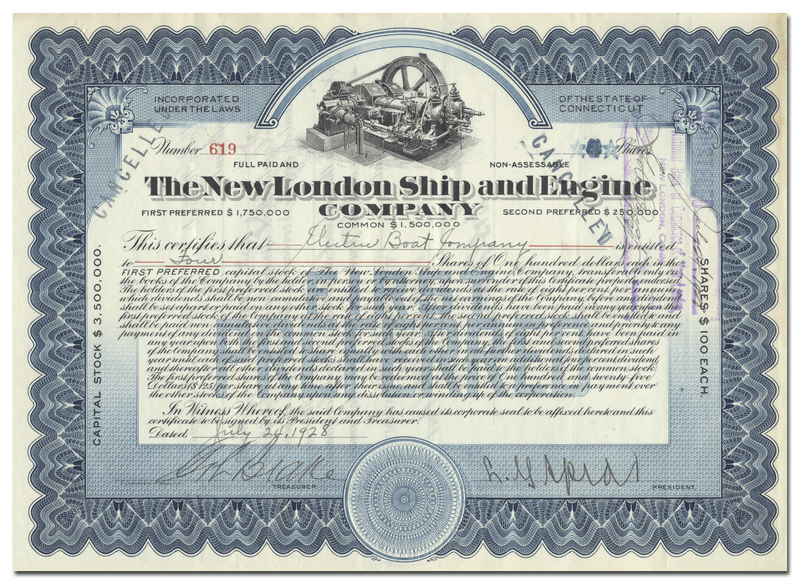 New London Ship and Engine Company Stock Certificate