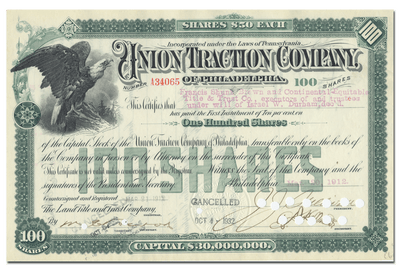 Union Traction Company of Philadelphia Stock Certificate