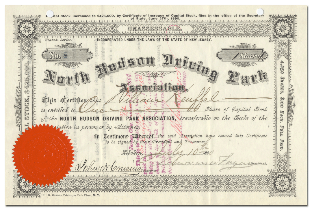 North Hudson Driving Park Association Stock Certificate