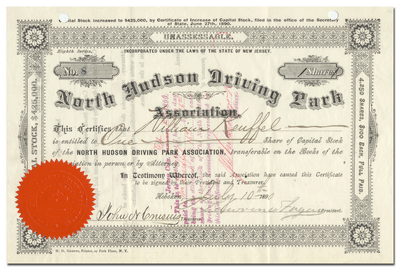 North Hudson Driving Park Association Stock Certificate
