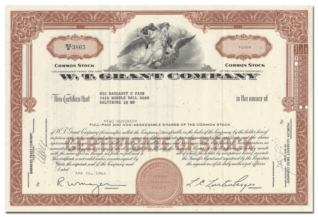 W. T. Grant Company Stock Certificate