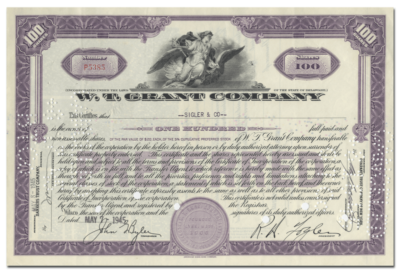 W. T. Grant Company Stock Certificate