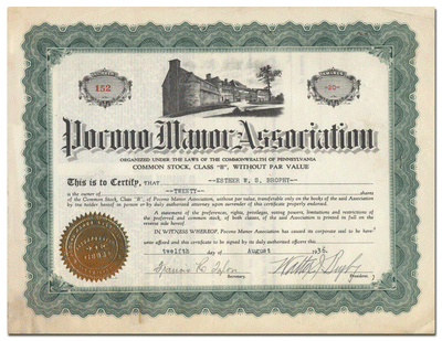 Pocono Manor Association Stock Certificate