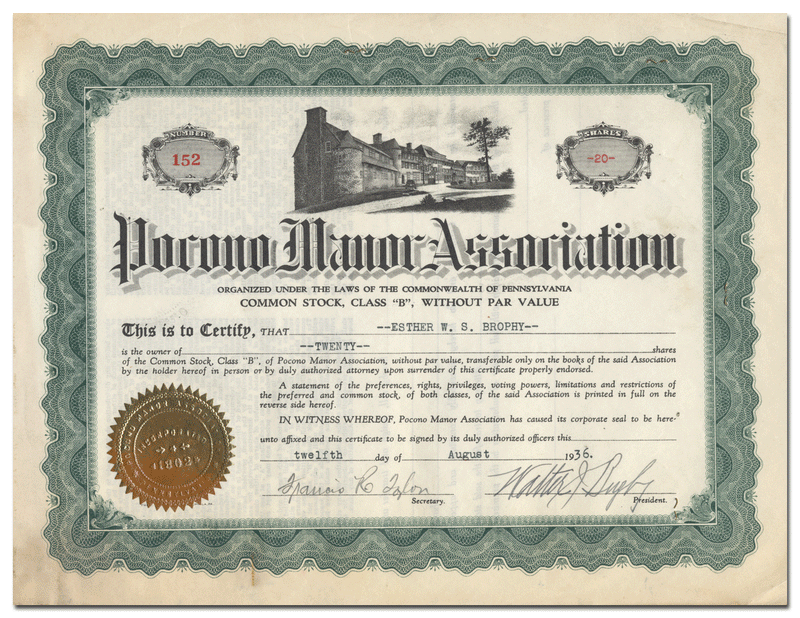 Pocono Manor Association Stock Certificate