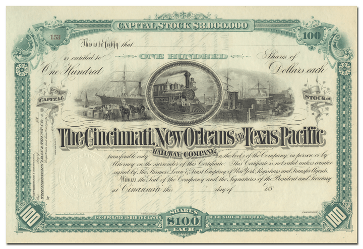 Cincinnati, New Orleans and Texas Pacific Railway Company Stock Certificate