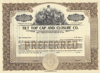 Tilt Top Cap and Closure Co. Stock Certificate