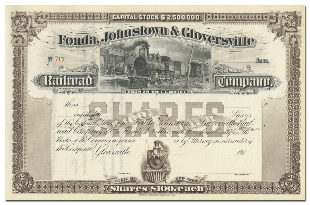 Fonda, Johnstown & Gloversville Railroad Company Stock Certificate