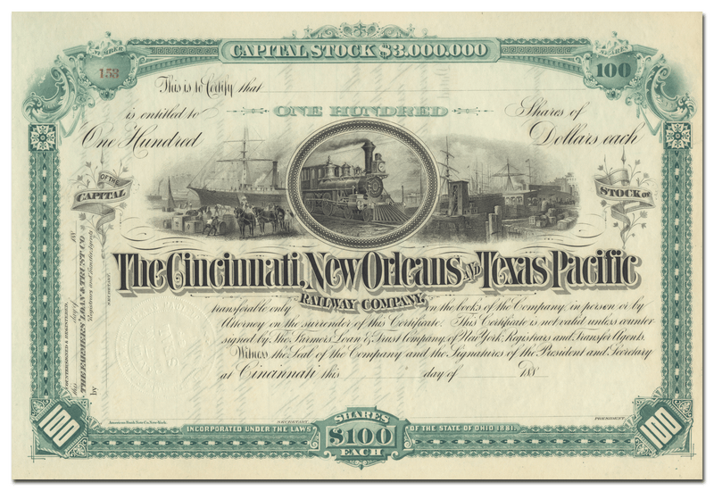 Cincinnati, New Orleans and Texas Pacific Railway Company Stock Certificate