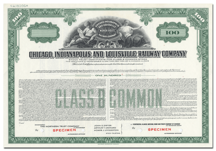 Chicago, Indianapolis and Louisville Railway Company Stock Certificate