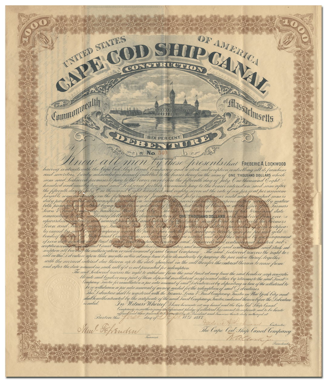 Cape Cod Ship Canal Company Bond Certificate