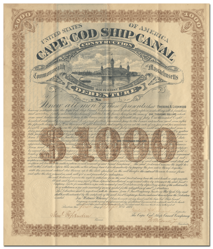 Cape Cod Ship Canal Company Bond Certificate