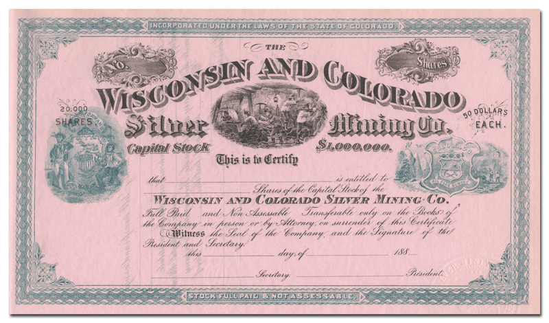 Wisconsin and Colorado Silver Mining Co. Stock Certificate