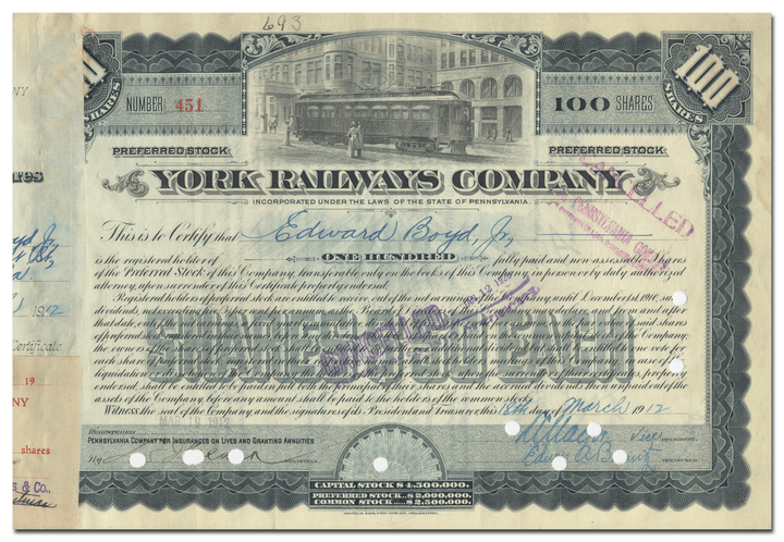 York Railways Company Stock Certificate