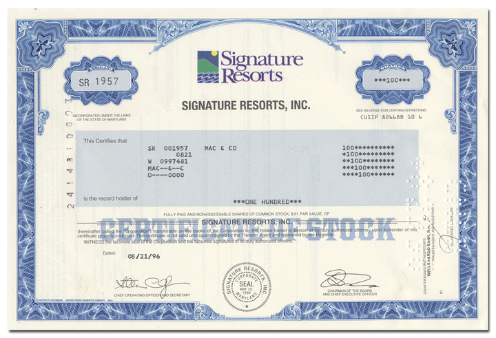 Signature Resorts, Inc. Stock Certificate