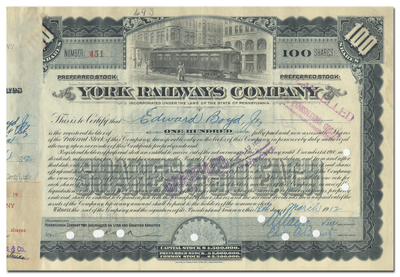 York Railways Company Stock Certificate