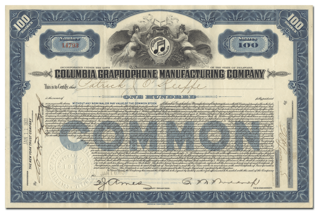 Columbia Graphophone Manufacturing Company Stock Certificate