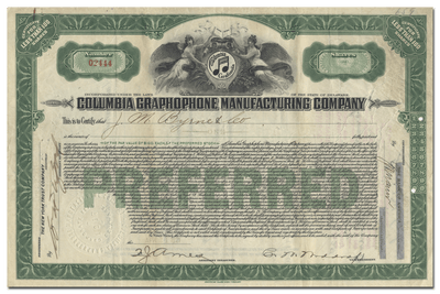 Columbia Graphophone Manufacturing Company Stock Certificate