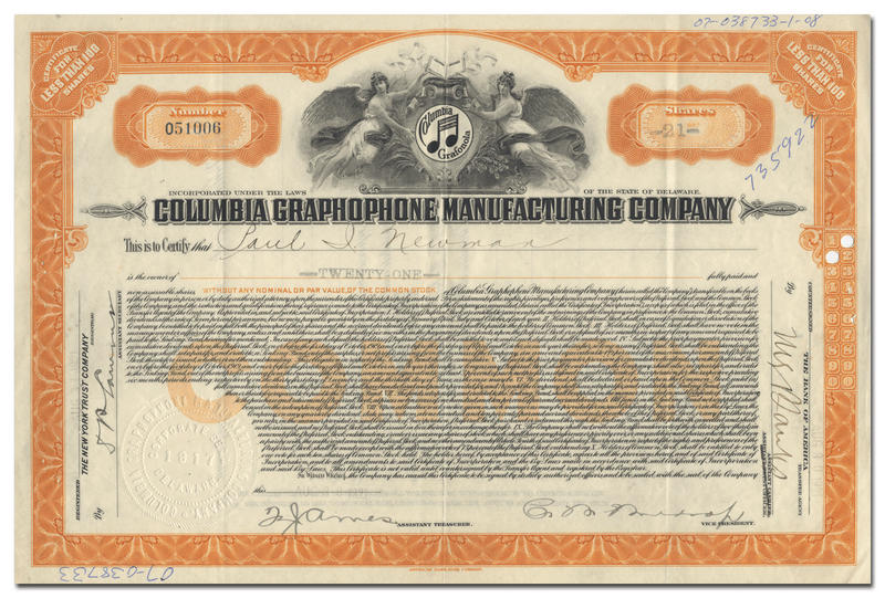 Columbia Graphophone Manufacturing Company Stock Certificate