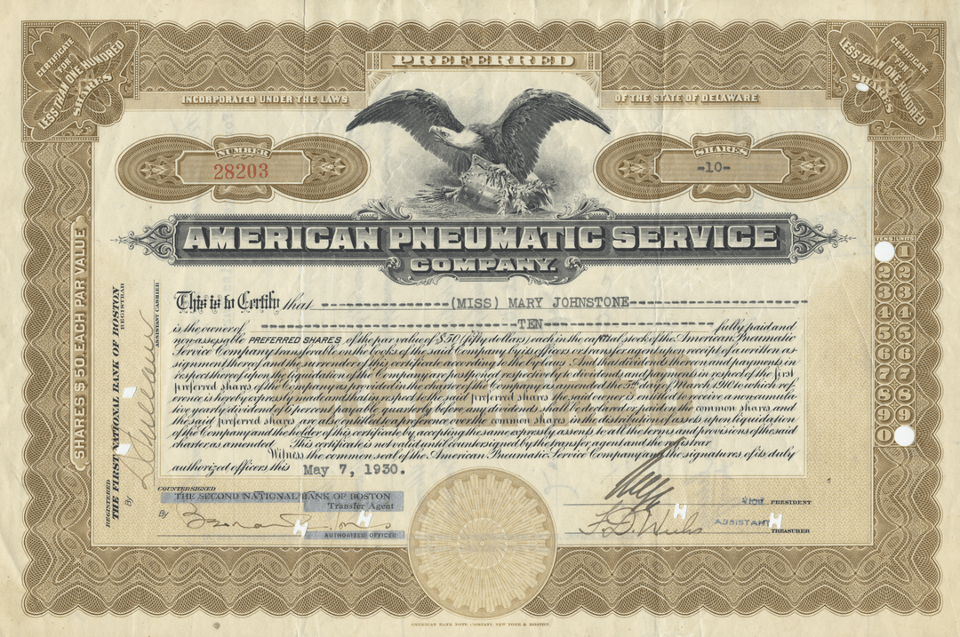 American Pneumatic Service Company Stock Certificate