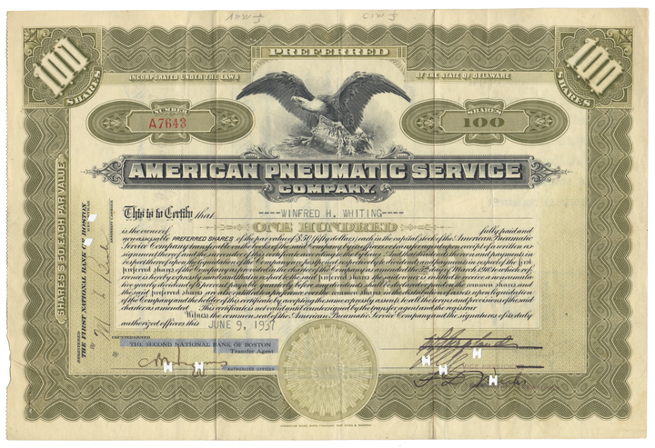 American Pneumatic Service Company Stock Certificate