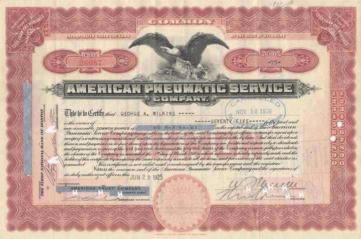 American Pneumatic Service Company Stock Certificate