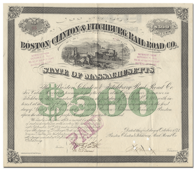 Boston, Clinton & Fitchburg Rail-Road Company Bond Certificate
