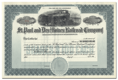 St. Paul and Des Moines Railroad Company Stock Certificate