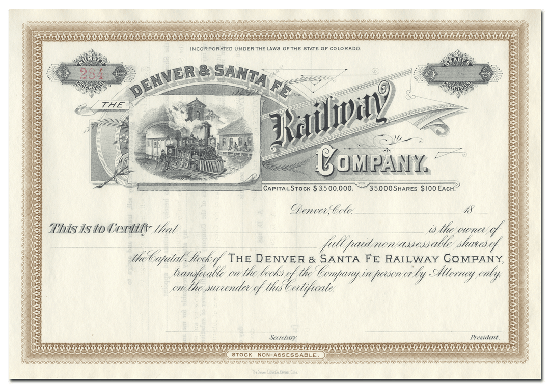 Denver & Santa Fe Railway Company Stock Certificate