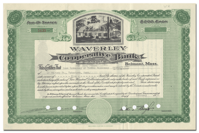 Waverly Co-operative Bank Stock Certificate