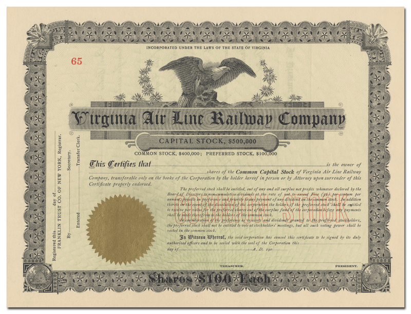 Virginia Air Line Railway Company Stock Certificate