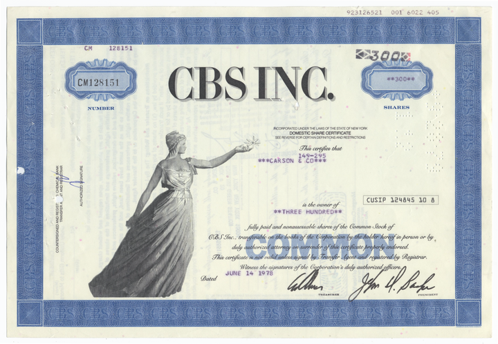 CBS, Inc. Stock Certificate