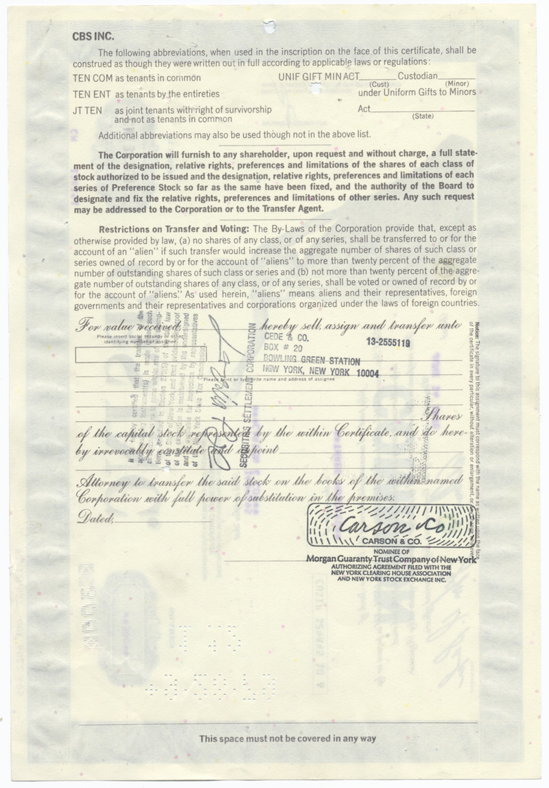 CBS, Inc. Stock Certificate