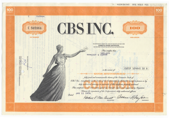 CBS, Inc. Stock Certificate