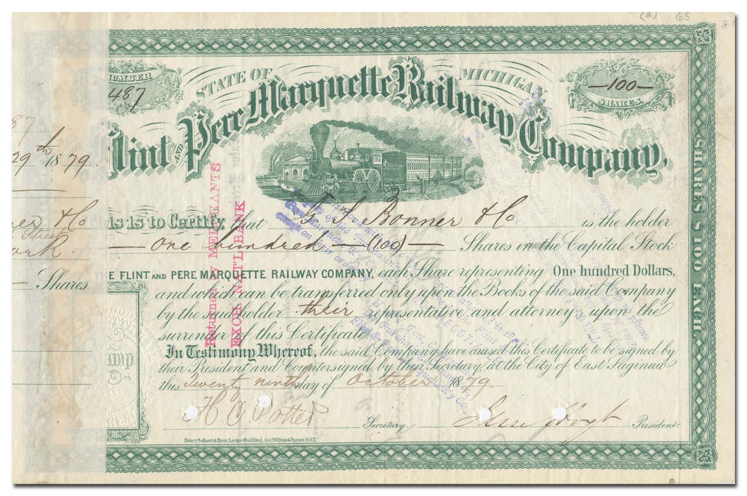 Flint and Pere Marquette Railway Company Stock Certificate