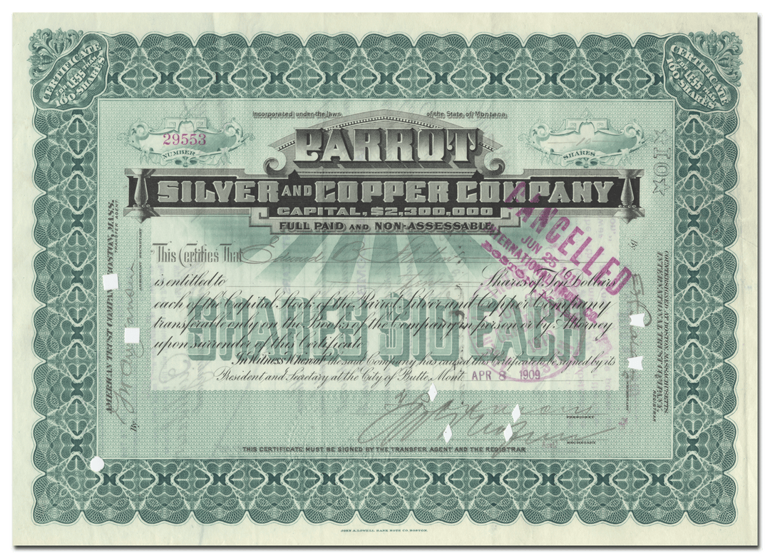 Parrot Silver and Copper Company Stock Certificate