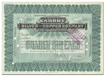 Parrot Silver and Copper Company Stock Certificate