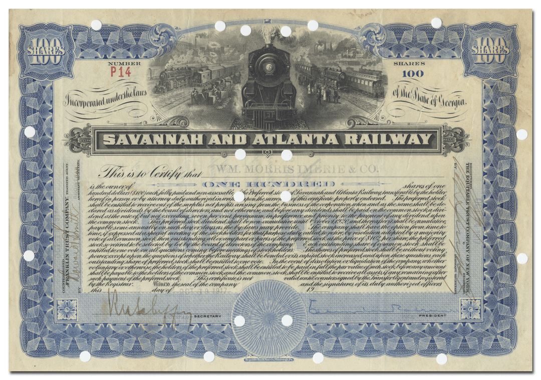 Savannah and Atlanta Railway Stock Certificate